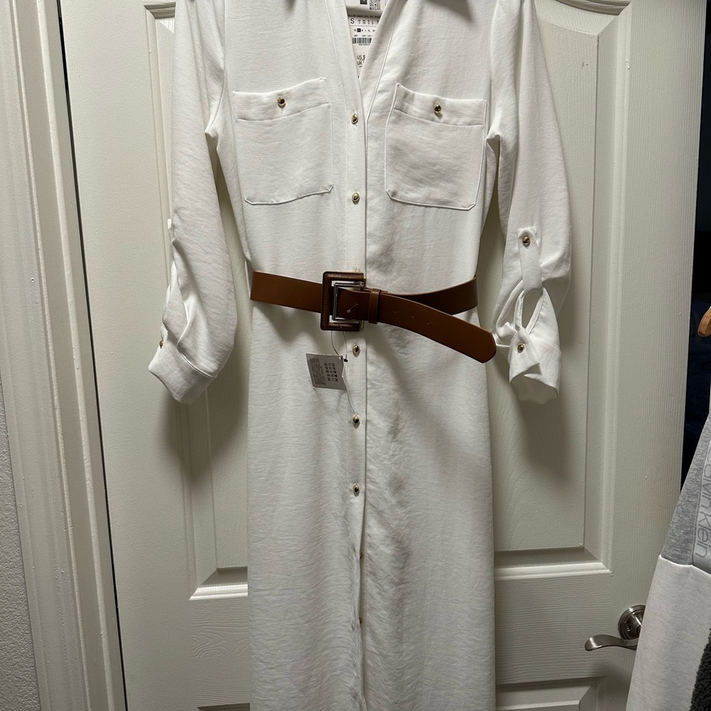 Zara White Shirt Dress with Gold Accents